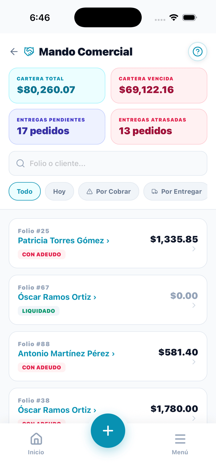 Pantalla Mando Comercial de Cangurera, con lo que te deben tus clientes y las entregas pendientes